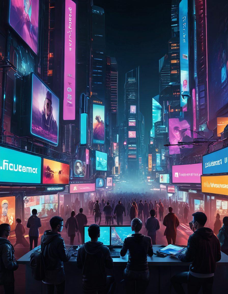 A dynamic scene showcasing a diverse group of people engaging with multiple live streaming platforms on their devices, with a backdrop of vivid cityscapes and surveillance cameras subtly integrated. Visual elements of interaction such as chat bubbles and real-time notifications float around, symbolizing connection and engagement. The atmosphere should feel energetic and modern, accentuated by glowing screens and vibrant colors. super-realistic. cyberpunk. 3D.